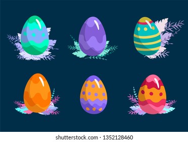 Set of Easter painted eggs and floral elements. Cute Easter cartoon Illustration. Vector Spring holiday celebration design
