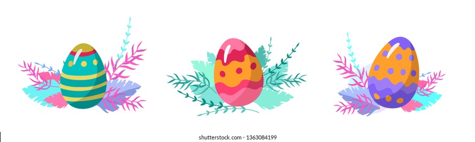 Set of Easter painted eggs and floral elements. Cute Easter cartoon Illustration. Vector Spring holiday celebration design