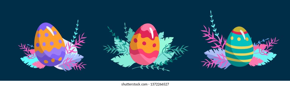 Set of Easter painted eggs and floral elements. Cute Easter cartoon Illustration. Vector Spring holiday celebration design