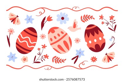 Set of Easter painted eggs with folk ornament and floral elements with red accent. Seamless horizontal pattern