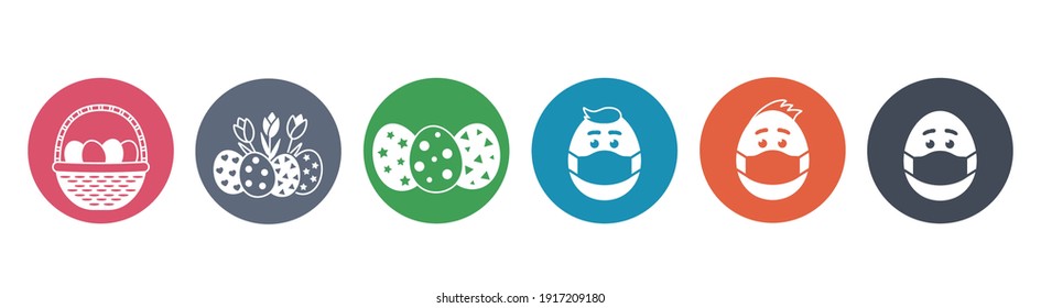 set of Easter pandemic stickers. Easter eggs in medical protective masks, Easter basket, flowers. icons in flat linear style. vector illustration isolated on white background