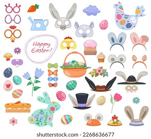 Set of Easter photo booth props. Elements for holiday. Eggs, desserts and spring flowers, Masks, hats and headbands with chicken and bunny. Cartoon flat vector collection isolated on white background