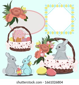 set of Easter pictures rabbit basket colorful eggs frames for greetings bright colors
