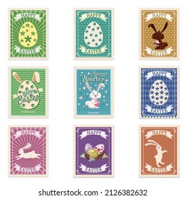 Set of Easter postal stamps, bunnies, eggs, retro graphic. Vintage collection