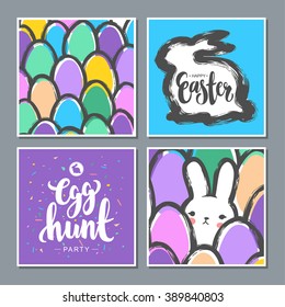 Set of Easter Postcards with Cute Bunny and Eggs. Childish Minimalist Naive Style. Japanese Kawaii Vector Illustration. EPS8.