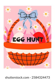 Set of Easter posters in abstract 90s retro style. Wall decor, bright banners of spring elements, rabbits,  chicken, eggs. Minimalist banners for wall decor, prints, wallpaper. Vector groovy 