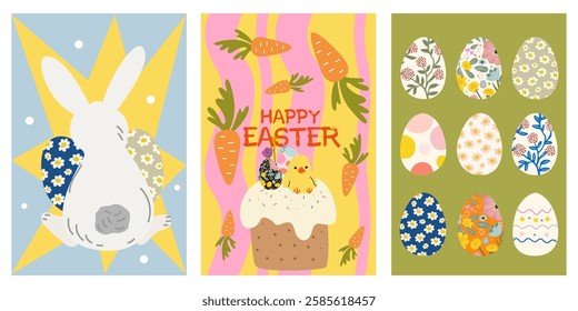 Set of Easter posters in cartoon retro style. Bright cartoon banners for Spring holiday. Easter cake with glaze and sprinkles, white rabbits, chicken, easter eggs. Playful seasonal vector postcards