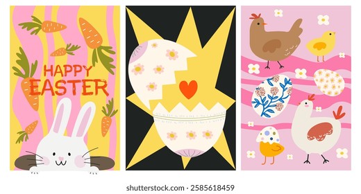 Set of Easter posters in cartoon retro style. Bright cartoon banners for Spring holiday. Easter cake with glaze and sprinkles, white rabbits, chicken, easter eggs. Playful seasonal vector postcards