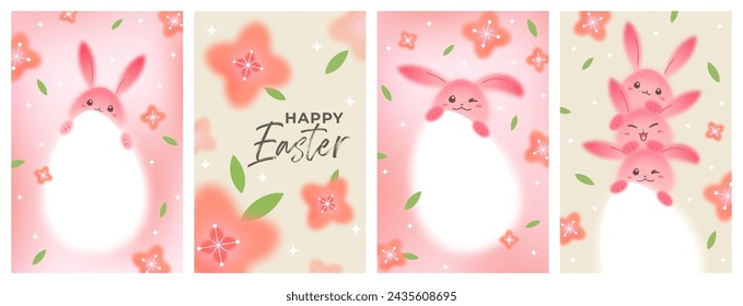 Set of Easter Posters with Cute Pink Rabbits and Big Eggs. Spring Blossom Background. Vector Greeting Cards for Easter Celebration