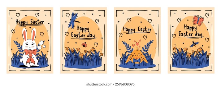 Set of Easter posters with doodle lettering. Spring greeting cards in doodle style. Vector template for banner, post, advertisement