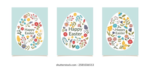 Set of Easter posters. Easter greeting cards with flowers and shape of egg. Vector hand drawn illustrations.