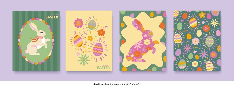 Set of Easter posters.Cute paper cut bunny with flowers inside and easter eggs around him. Easter backrounds with colorful painty eggs and flowers. Easter bunny in vintage colorful frame. Vector