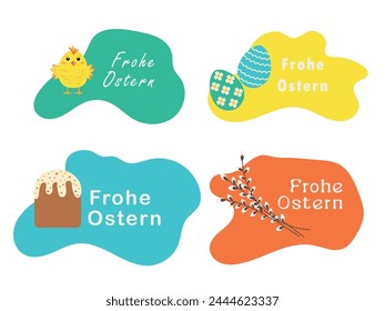 Set of Easter quotes on colored spots with Easter attributes, Easter cake, eggs with ornament in German. Suitable for posters, greeting cards, prints, banners, stickers, invitations, sublimation.