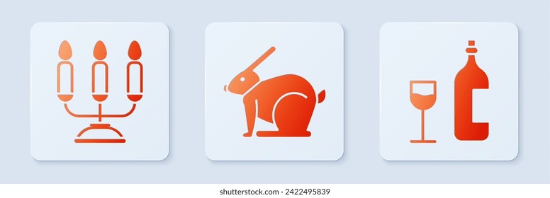 Set Easter rabbit, Candelabrum with candlesticks and Wine bottle with glass. White square button. Vector