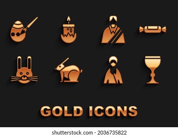 Set Easter rabbit, Candy, Wine glass, Jesus Christ, egg paint brush and Burning candle icon. Vector