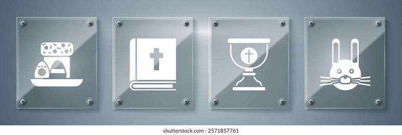 Set Easter rabbit, Christian chalice, Holy bible book and Easter cake and eggs. Square glass panels. Vector