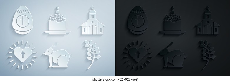 Osterkaninchen, Kirchengebäude, christliches Kreuz und Herz, Willow-Blatt, Kuchen-Kerze und Ei-Symbol. Vektorgrafik