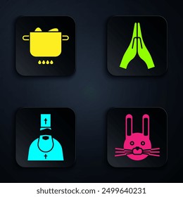 Set Easter rabbit, Egg in hot pot, Priest and Hands in praying position. Black square button. Vector