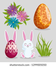 set easter rabbit with eggs decoration and flowers