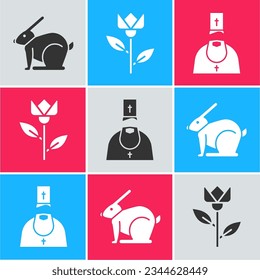Set Easter rabbit, Flower tulip and Priest icon. Vector