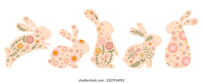 Set easter rabbit in pastel colors. Illustrations with silhouettes bunnies, flowers and and abstract pattern. Vector