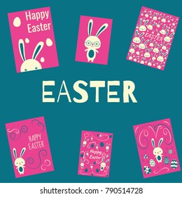 Set of easter rabbits cards poster for holidays. Happy easter creative bunnies for greetings, postcard, calendar. Celebrate creative symbols collection