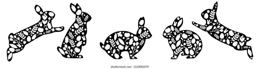 Set of Easter rabbits. Easter decoration. Colorful group of Easter symbols. Isolated on white background. For promotion, printing.

