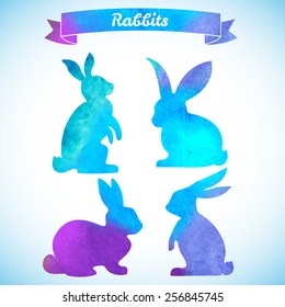 Set of Easter rabbits. Hand drawn sketch and watercolor illustrations. Vector illustration