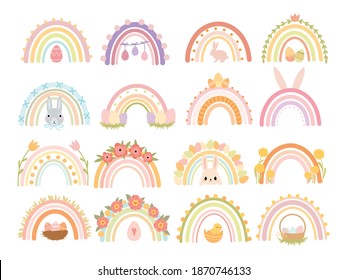 Set of easter rainbows. Collection of cute scandinavian rainbows for decoration. Design for postcards or clothing. Colorful illustration with easter elements.