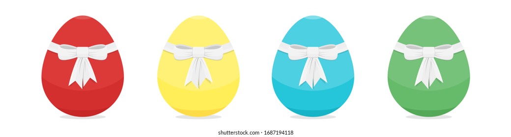 Set of Easter red, yellow, blue, green painted eggs with white ribbon and bow. Collection of elements for holiday, Easter, spring design. Vector isolated on background illustration.