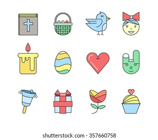 Set of the Easter related icons in color. Line icons. 