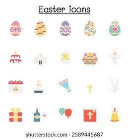 Set of Easter Related vector icon set. Contains such icon as egg, gift, church, rabbit, chicken, bible, balloon, flower, cross, angel, celebration and more. in flat color style