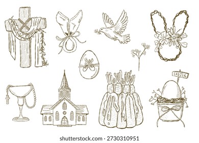 Conjunto de símbolos religiosos de Pascua y Elementos tradicionales de vacaciones