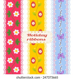 Set of Easter ribbons. Vector seamless ribbons for spring holidays  with  butterfly, flower, decorated egg in red, yellow and cyan. Perfect for decorating greetings, invitations, gift wrapping paper