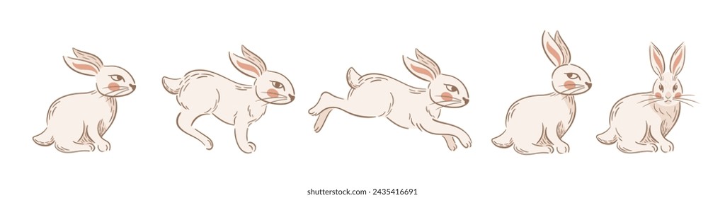 Set Easter running and sitting rabbits. Vintage stylized retro illustration. Boho, rustic style. Slavic folk. For stickers, posters, postcards, design elements