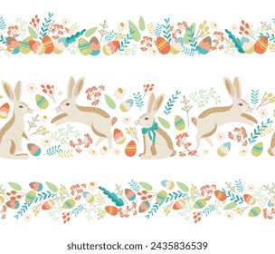 Set of Easter seamless borders with bunnies and eggs in flower meadow on transparent background. Lovely hand drawn horizontal seamless pattern, cute doodle eggs, great for textiles, banners, wallpaper