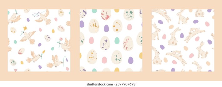 Set Easter seamless pattern with cute bunnies, birds, eggs and wildflowers on white background. Collection Spring patterns for banner, wallpaper, packaging, textiles design. Vector illustration