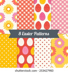 Set of Easter Seamless Pattern with Flowers, Eggs, Gingham and Polka Dot in Red, Pink, Yellow and Beige. Perfect for wallpapers, pattern fills, web page backgrounds, textile, greeting cards 