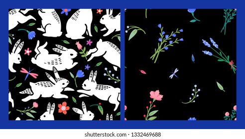 Set of easter seamless patterns. Easter bunnies and wildflowers. Simple flowers. Hand drawn illustration. Happy easter!