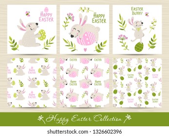 Set of Easter seamless patterns and cards. Vector illustration for your design