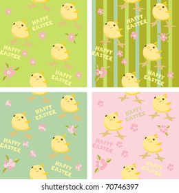  A set of Easter seamless patterns with chicks. Pastel colors, watercolor, striped, floristic.  Vector illustrations for spring cards, web page background