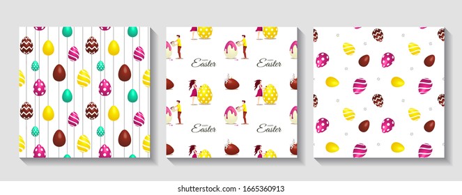 Set of Easter seamless patterns with colored eggs and characters on the white background. Perfect for wrapping paper, scrapbooking, textile and product design.  