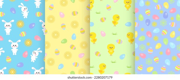 Set of Easter seamless patterns. Cute funny bunnies, baby chickens and colored Easter eggs. Collection of vector holiday backgrounds. Cartoon illustration.