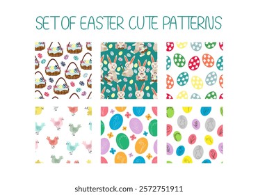 Set of Easter seamless patterns with cute cartoon bunnies, baskets, colorful eggs, birds for packaging design, fabric