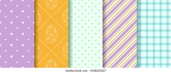 Set of Easter seamless Patterns. Pattern design set with Eggs, Gingham, Polka Dot and Stripes. Endless texture for web, picnic tablecloth, wrapping paper. Pattern templates in Swatches panel.