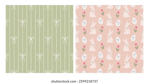 Set of easter seamless patterns with rabbits, tulips flowers and bow knots. Modern retro background. Fabric textile print. Surface cover design.