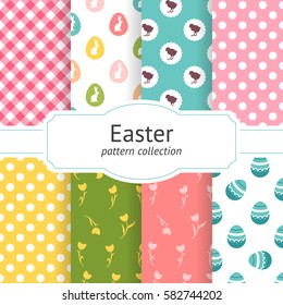 Set of Easter seamless patterns. Tiling fabric background with painted eggs, chickens, rabbits, tulips and dots. Holiday wrapping paper, vector texture. Pattern swatches included in the Swatches panel