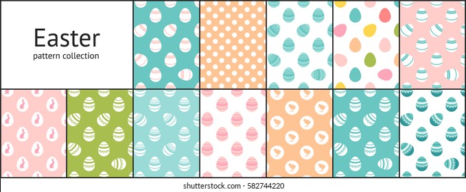 Set of Easter seamless patterns. Tiling fabric background with painted eggs, chickens, rabbits, tulips and dots. Holiday wrapping paper, vector texture. Pattern swatches included in the Swatches panel