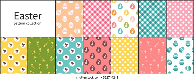 Set of Easter seamless patterns. Tiling fabric background with painted eggs, chickens, rabbits, tulips and dots. Holiday wrapping paper, vector texture. Pattern swatches included in the Swatches panel