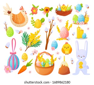 Set of Easter season holiday decorative objects. Vector design elements for greeting and advertising products.